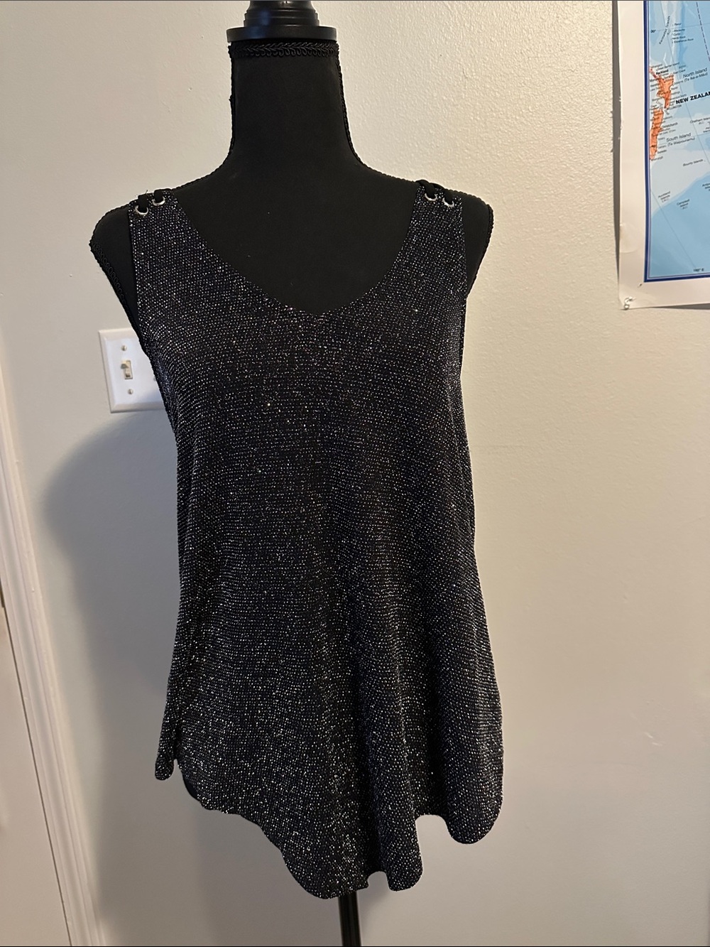 Women's Shimmery Black V-Neck Tank Top